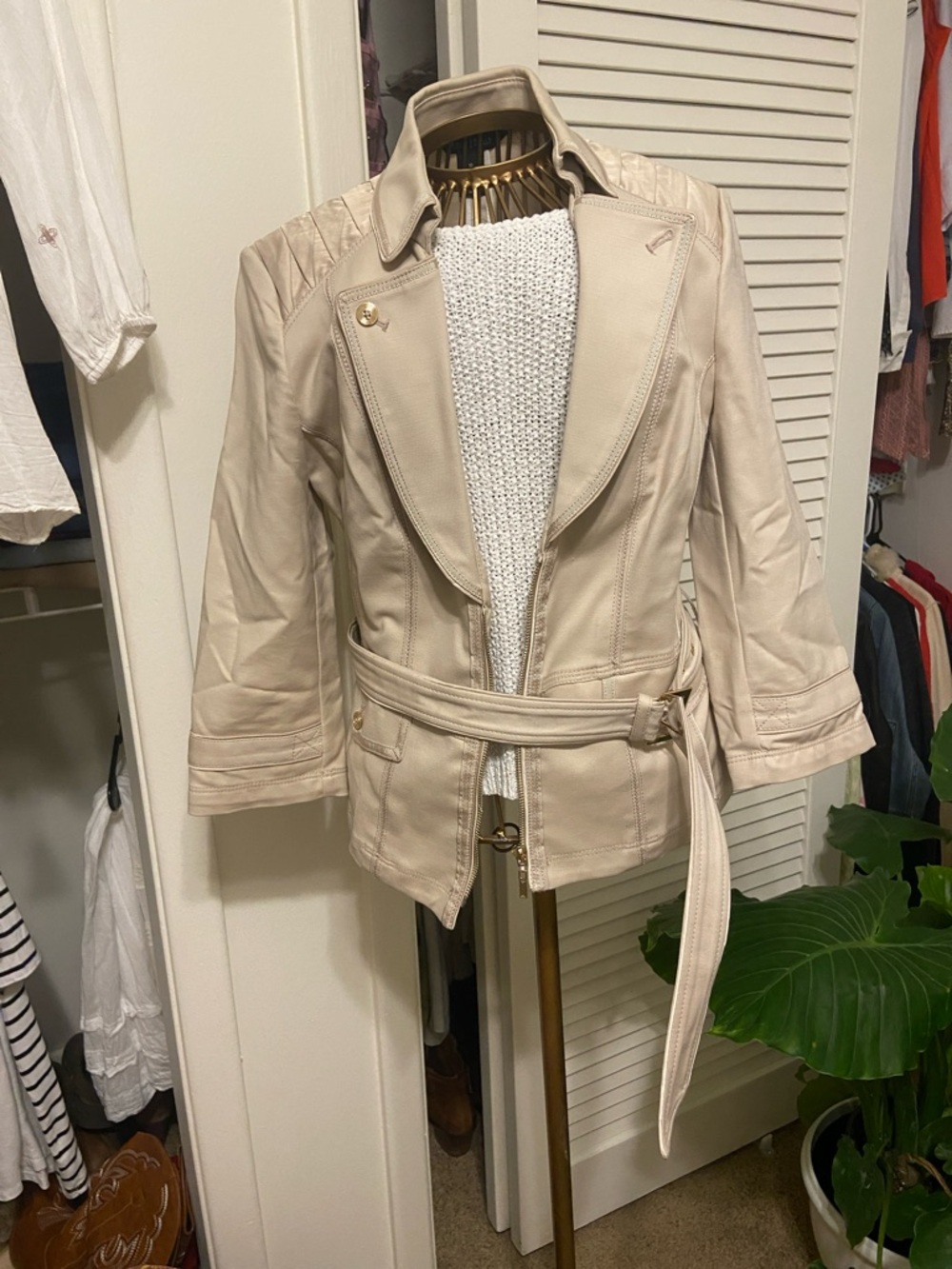 White House Black Market Beige Belted Leather Blazer